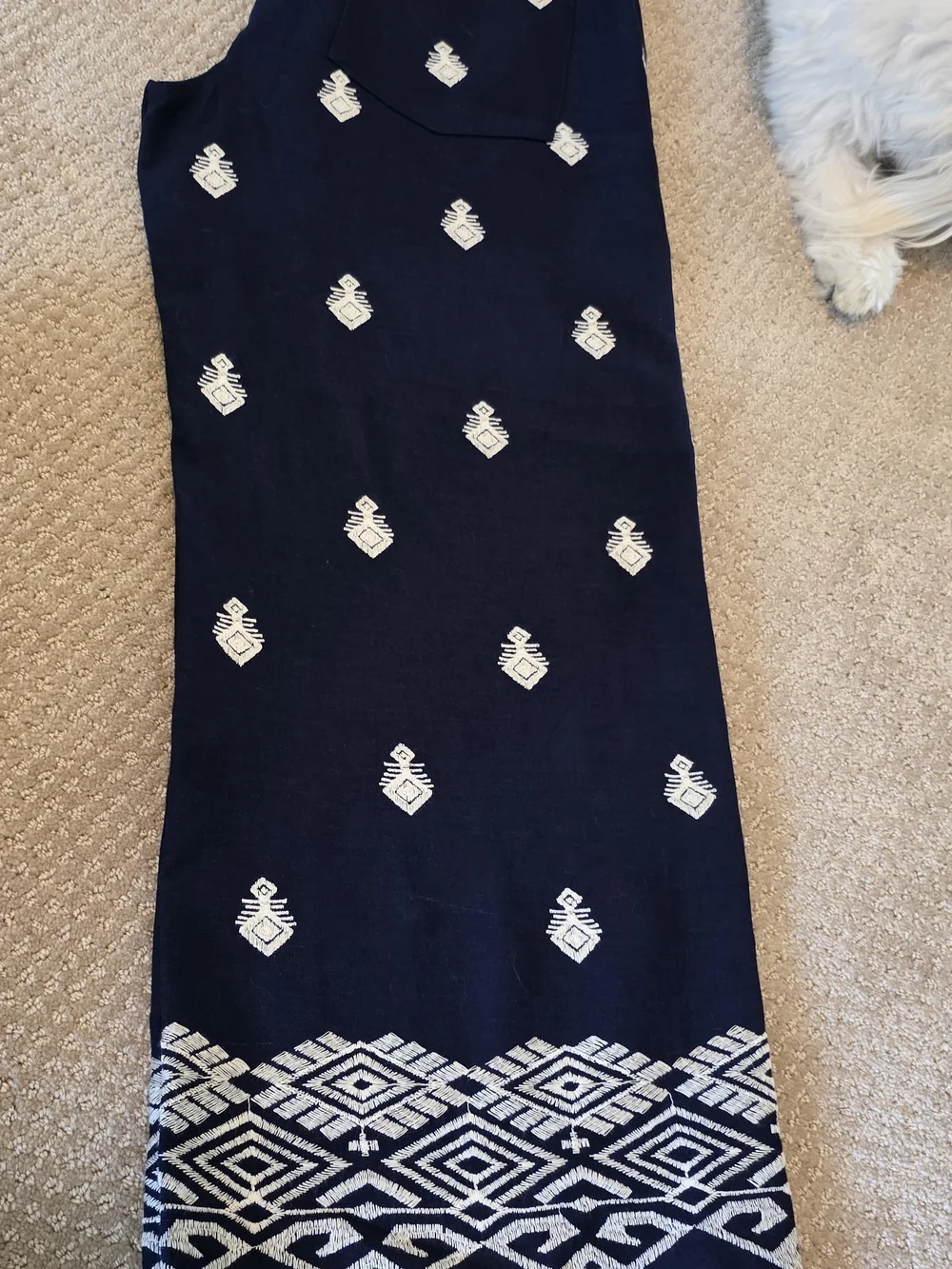 Zara Navy Wide-Leg Embroidered Pants with White Motif